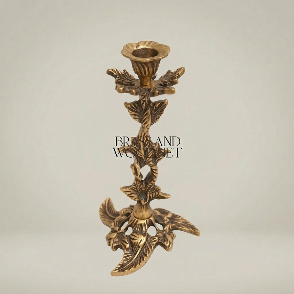 Rococo Brass Candlestick Holder - Botanical Leaf & Flower Single Arm - Antique Gold
