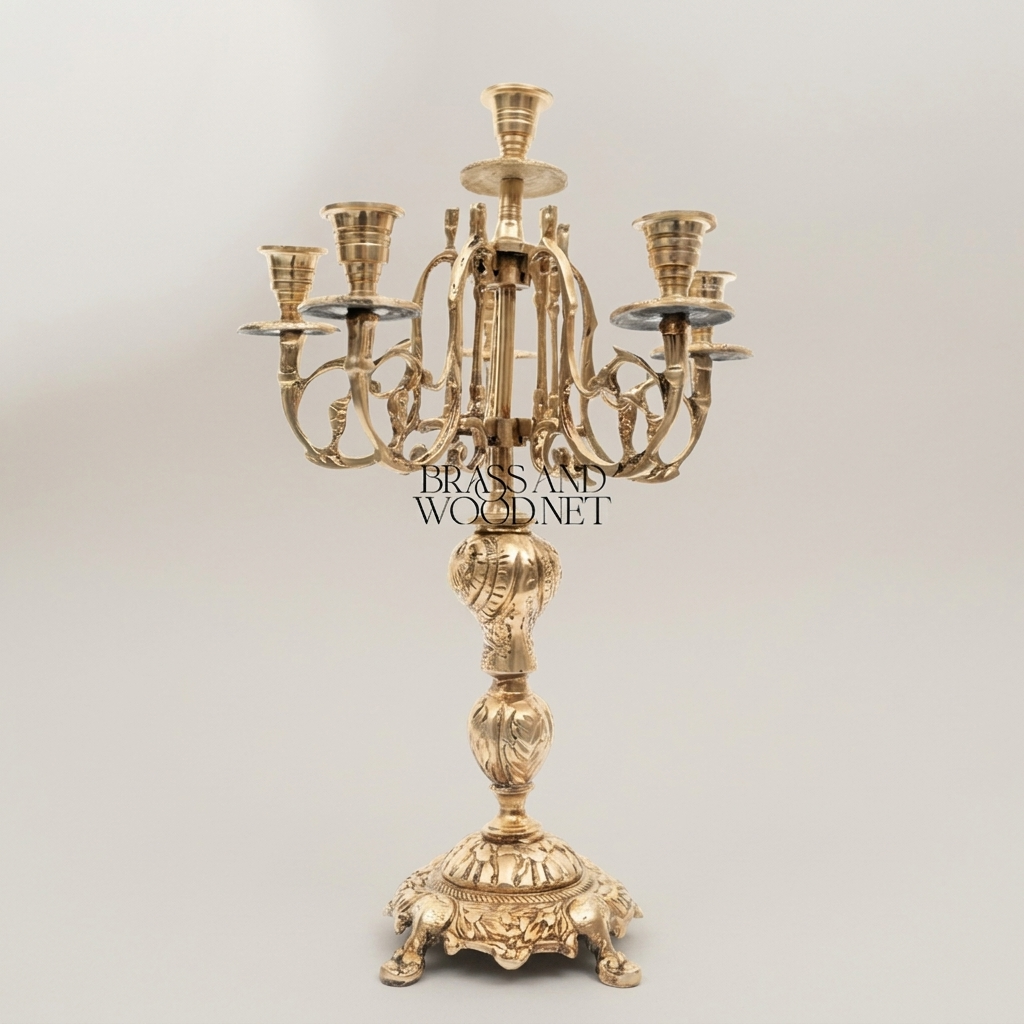 Baroque Brass 7-Arm Candelabra with Acanthus Stem & Scrolled Arms — Antique Gold
