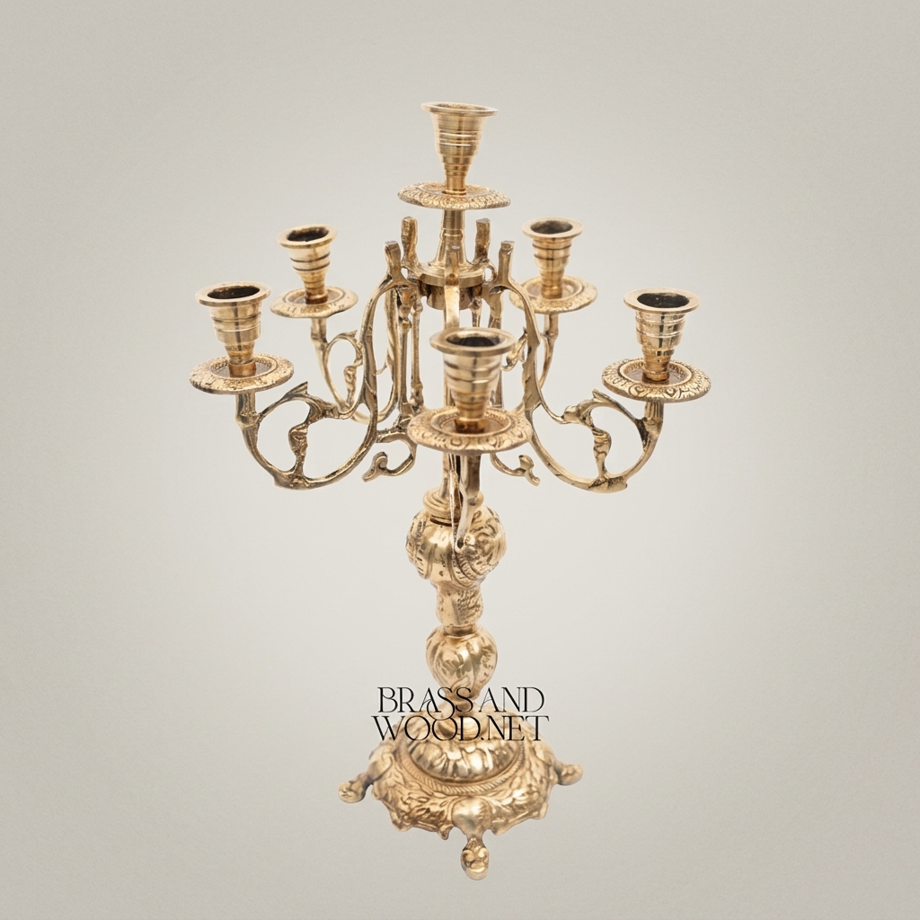 Baroque Brass 7-Arm Candelabra with Acanthus Stem & Scrolled Arms — Antique Gold