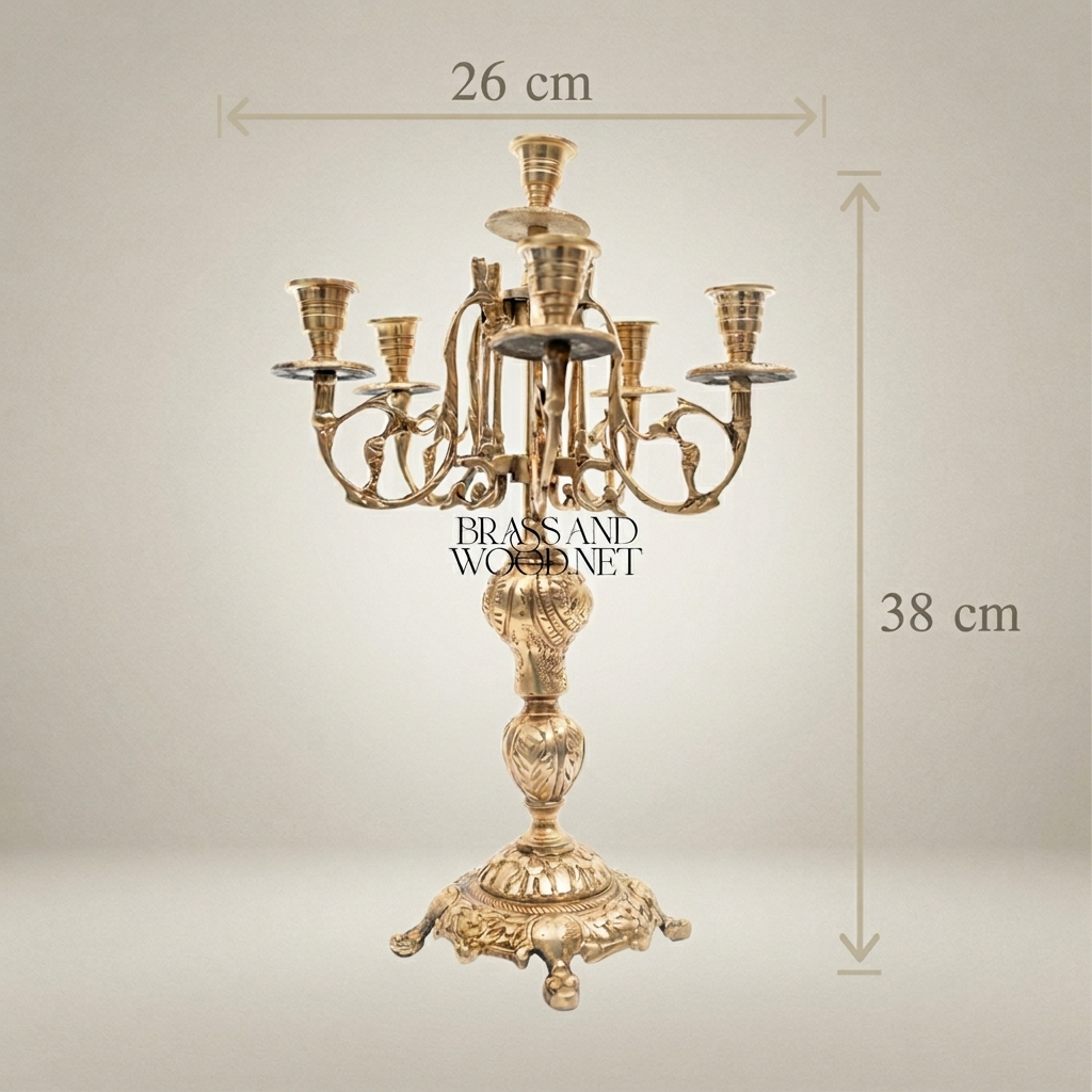 Baroque Brass 7-Arm Candelabra with Acanthus Stem & Scrolled Arms — Antique Gold