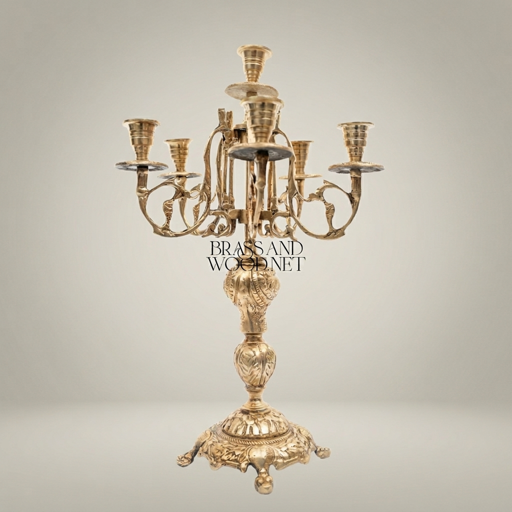 Baroque Brass 7-Arm Candelabra with Acanthus Stem & Scrolled Arms — Antique Gold