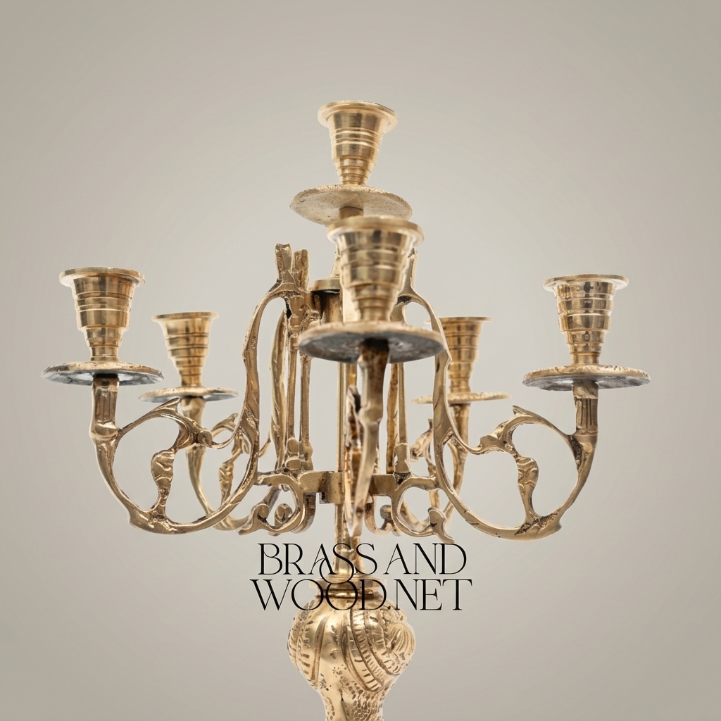 Baroque Brass 7-Arm Candelabra with Acanthus Stem & Scrolled Arms — Antique Gold