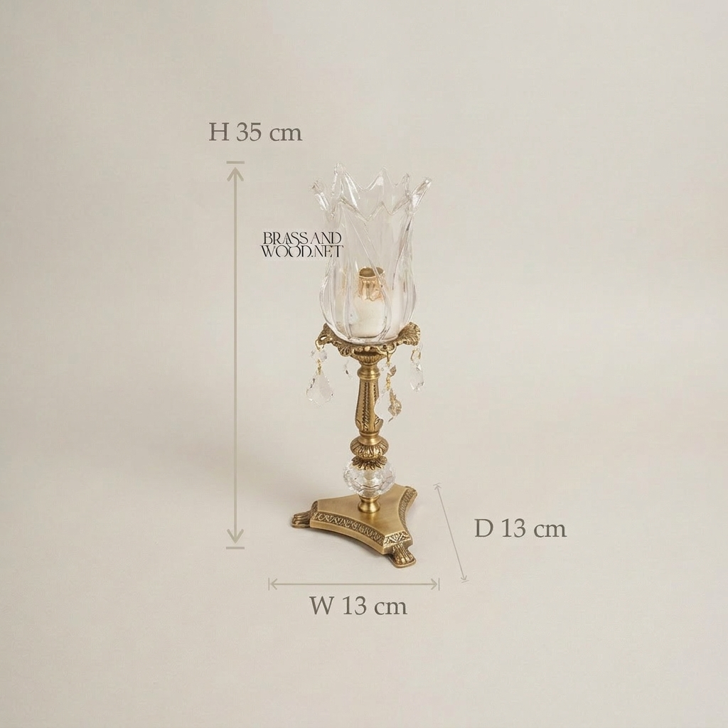 Neoclassical Brass & Crystal Tulip Candle Holder with Crystal Ball Stem and Pendant Drops - Antique Gold