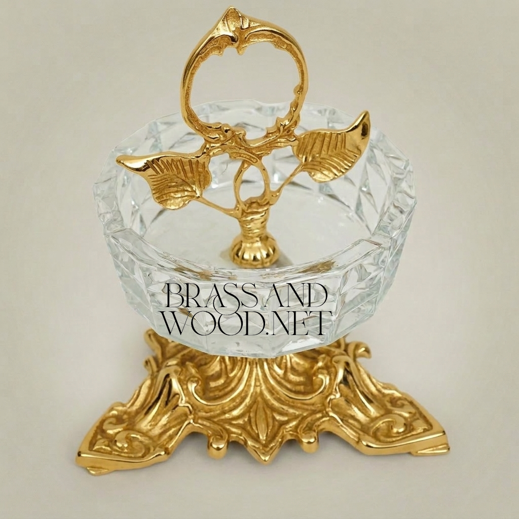 Rococo Crystal & Brass Ashtray with Acanthus Pedestal & Floral Handle