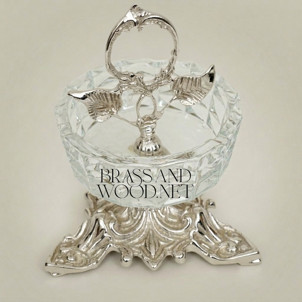 Rococo Crystal & Brass Ashtray with Acanthus Pedestal & Floral Handle — Silver