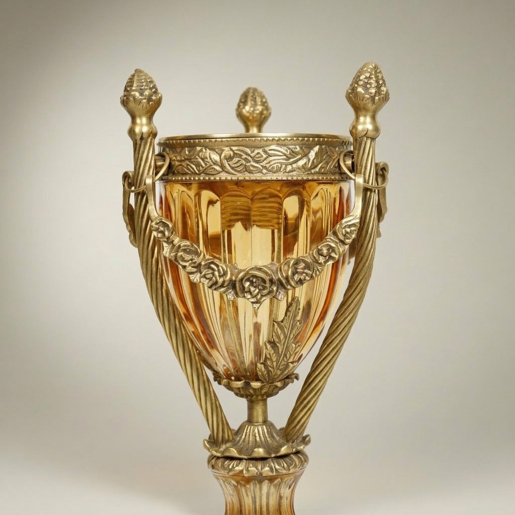 Neoclassical Crystal Urn Incense Burner with Pierced Brass Stand — Antique Gold