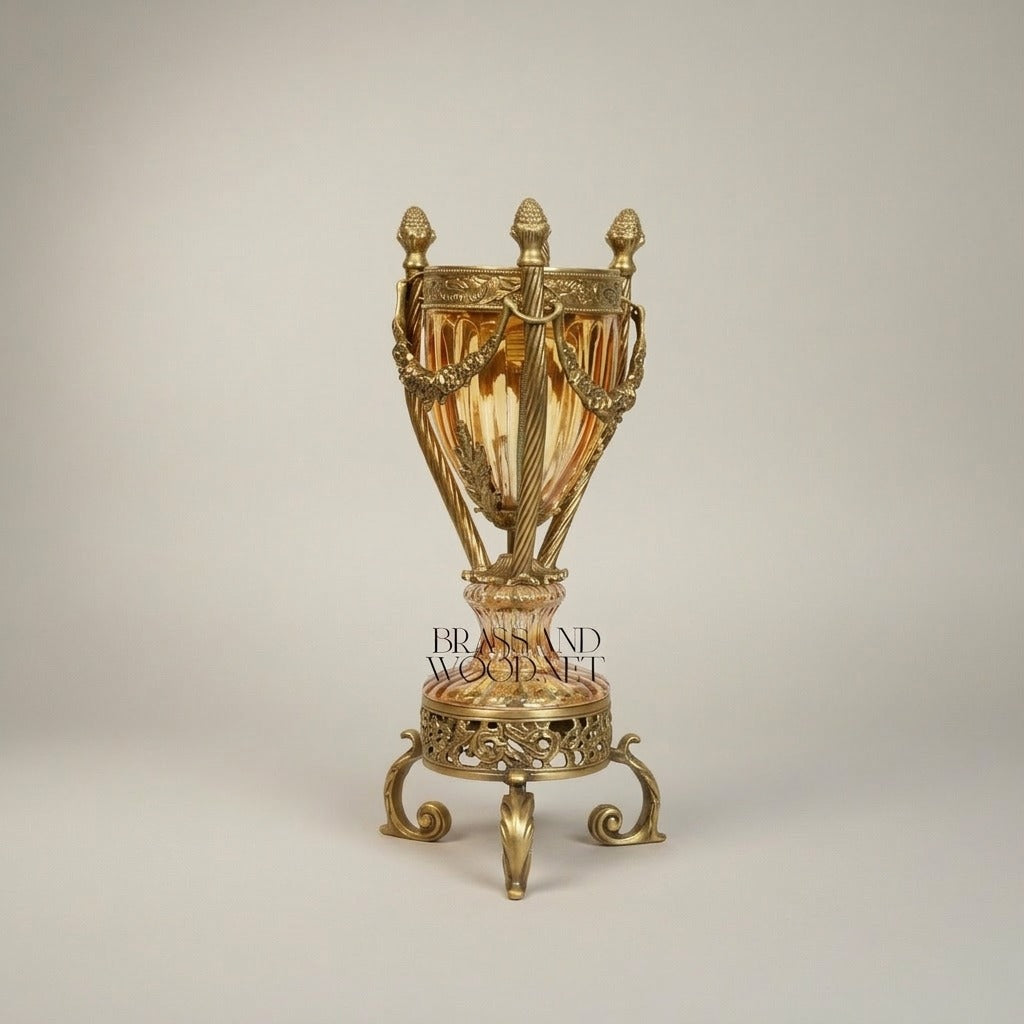 Neoclassical Crystal Urn Incense Burner with Pierced Brass Stand — Antique Gold