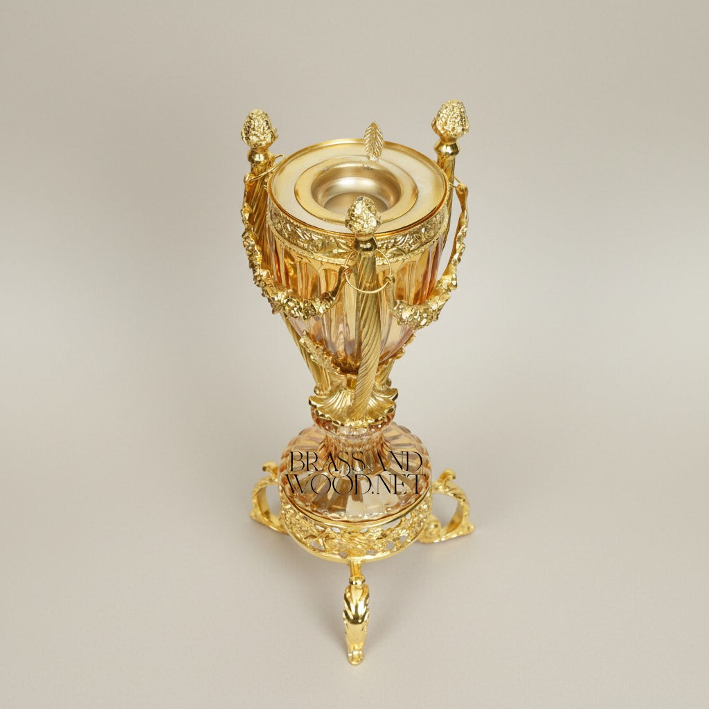 Neoclassical Crystal Urn Incense Burner with Pierced Brass Stand — Gold