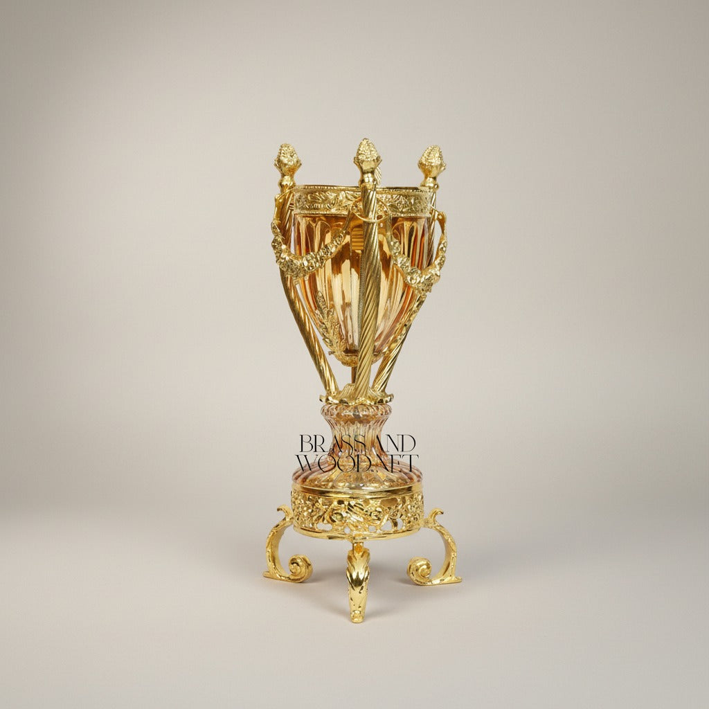 Neoclassical Crystal Urn Incense Burner with Pierced Brass Stand — Gold