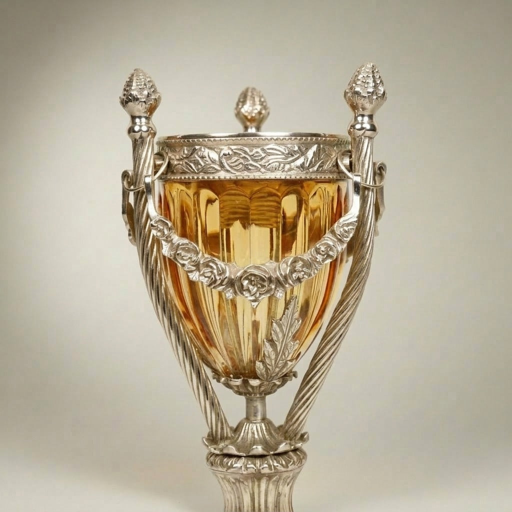 Neoclassical Crystal Urn Incense Burner with Pierced Brass Stand — Silver
