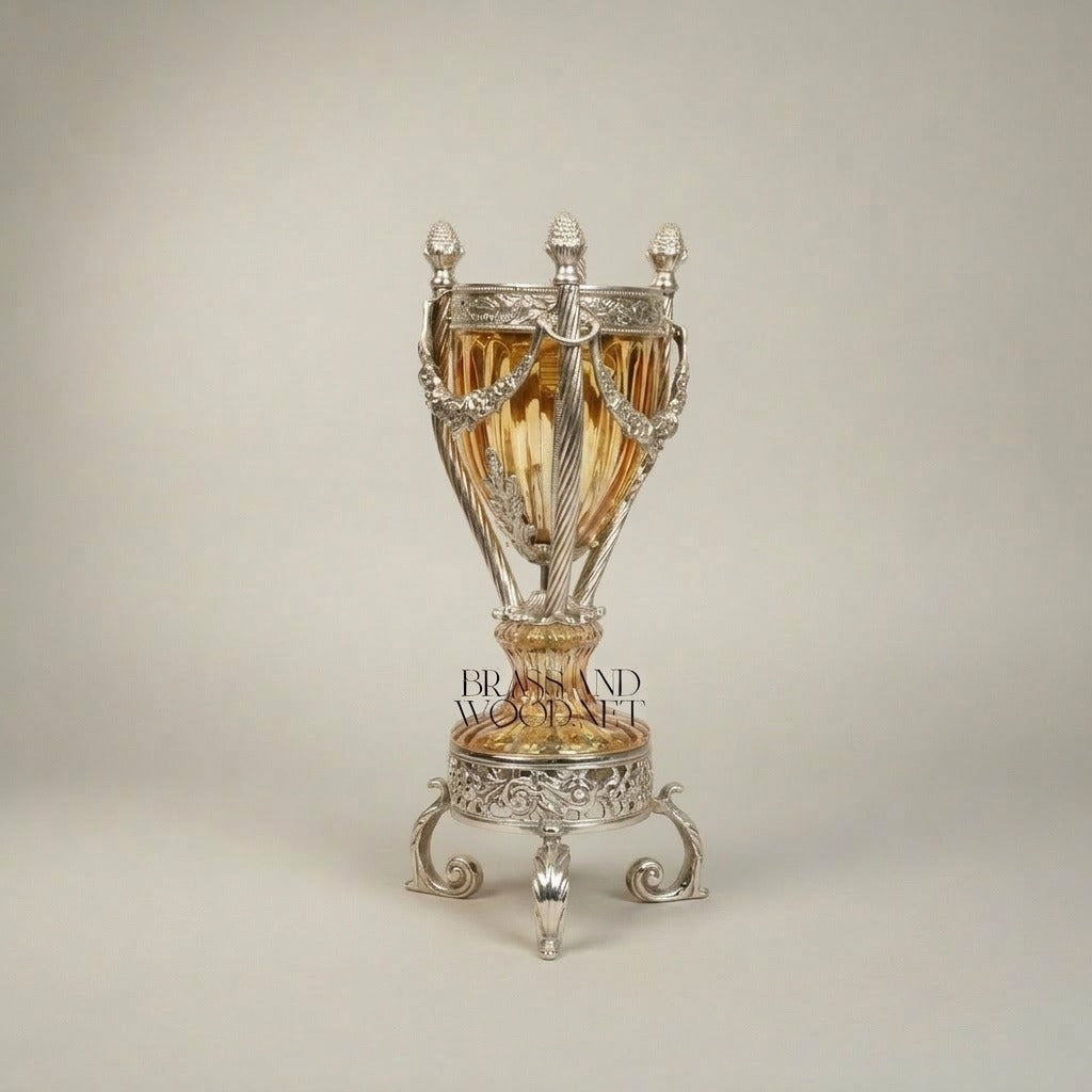 Neoclassical Crystal Urn Incense Burner with Pierced Brass Stand — Silver