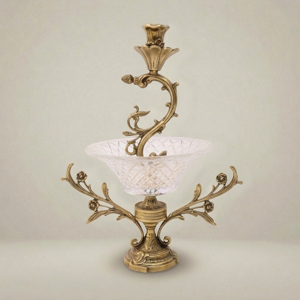 Rococo Brass & Crystal Candelabra Centrepiece with Scrolling Acanthus Stem and Cut-Crystal Bowl - Antique Gold