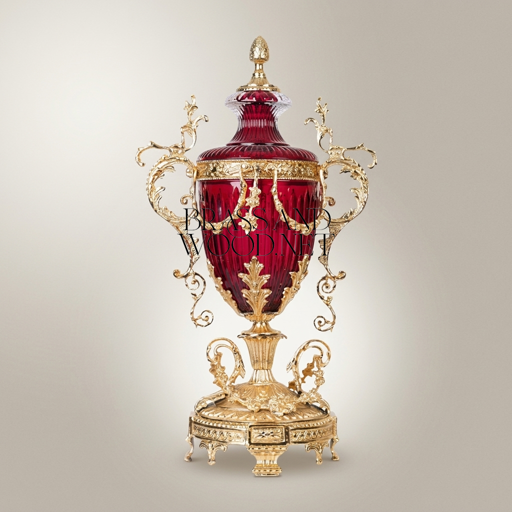 Baroque Lidded Crystal Urn Vase with Ornate Brass Scrollwork Frame — Gold