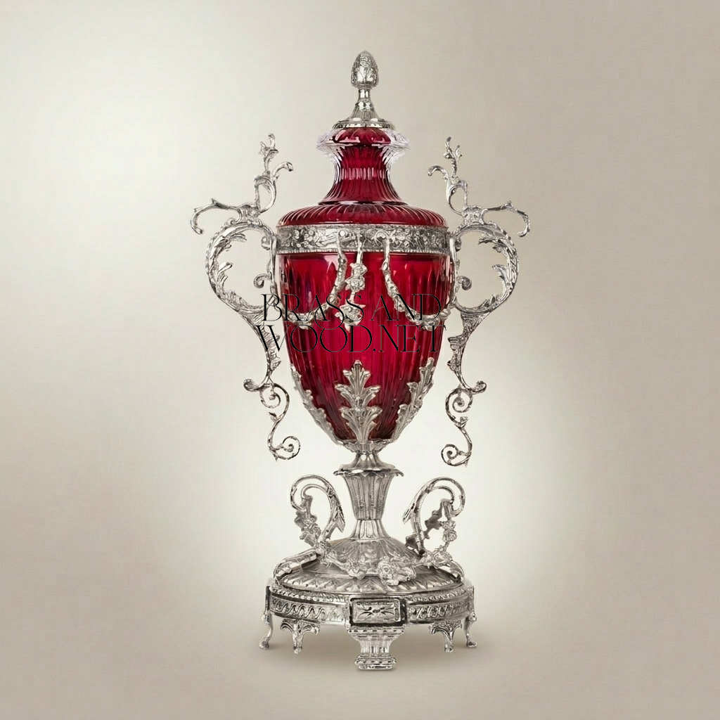 Baroque Lidded Crystal Urn Vase with Ornate Brass Scrollwork Frame — Silver