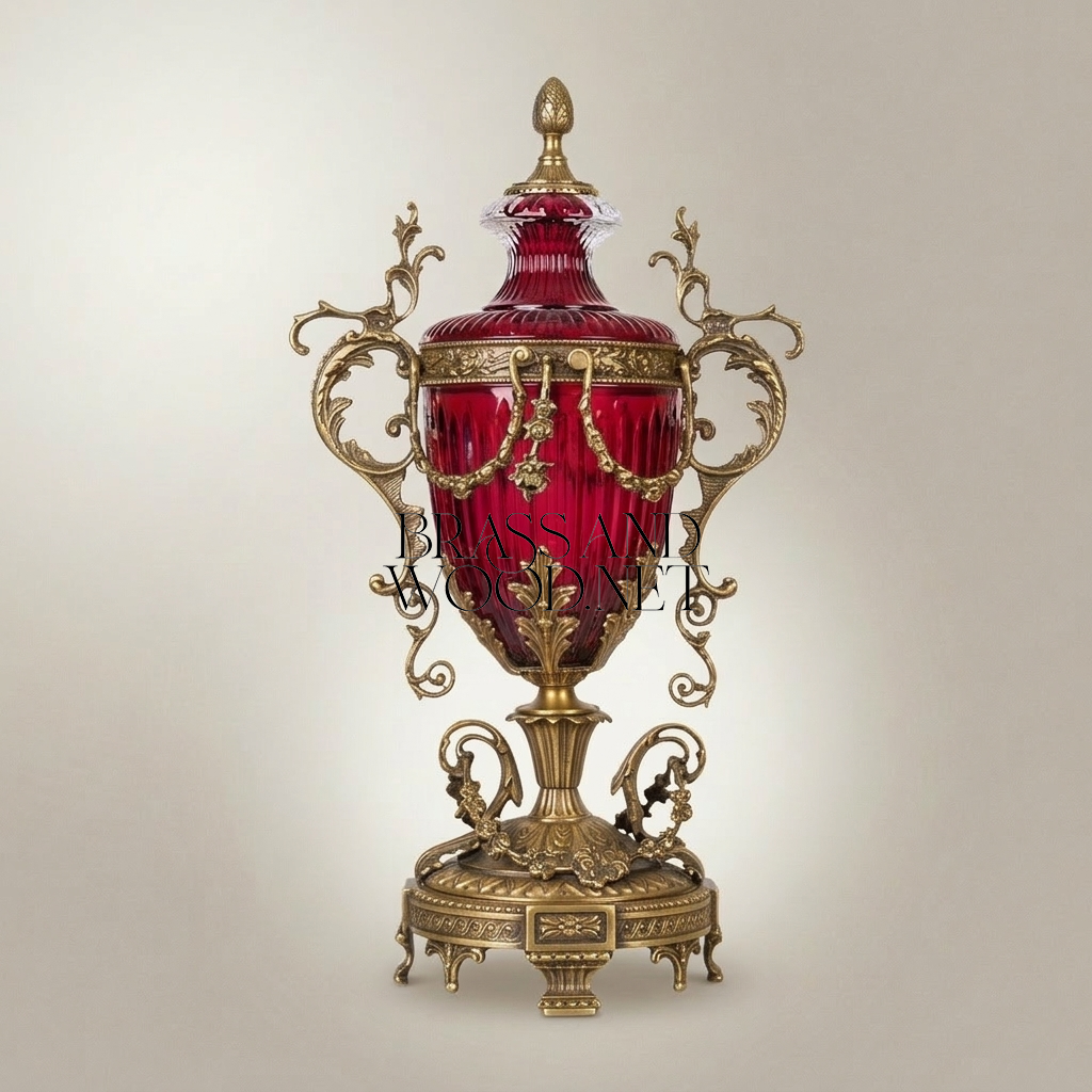 Baroque Lidded Crystal Urn Vase with Ornate Brass Scrollwork Frame — Antique Gold