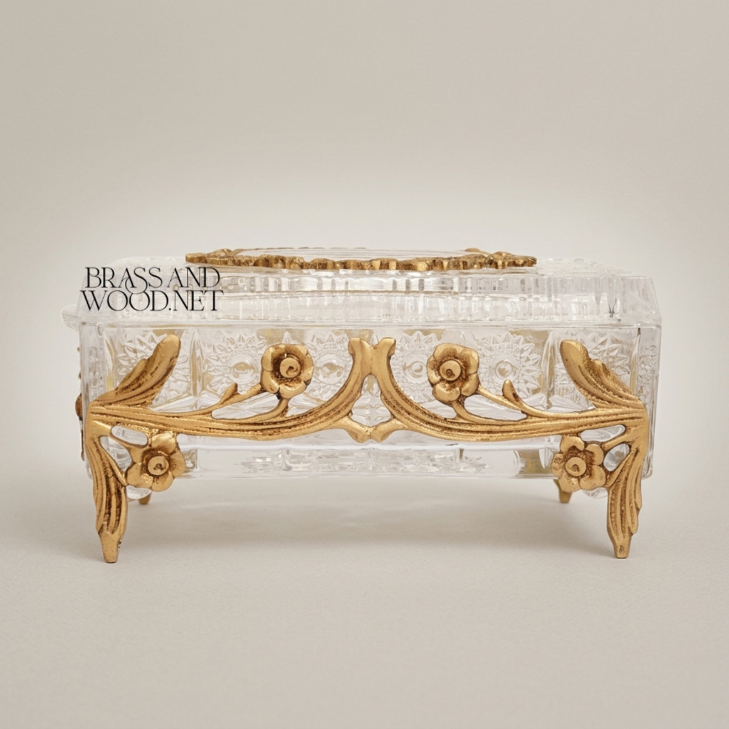 Rococo Floral Relief Crystal Tissue Box with Scrollwork Metal Frame — Antique Gold