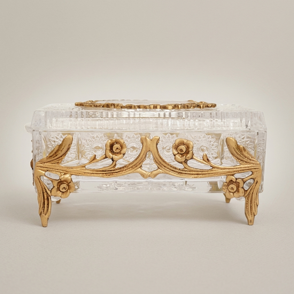 Rococo Floral Relief Crystal Tissue Box with Scrollwork Metal Frame - Antique