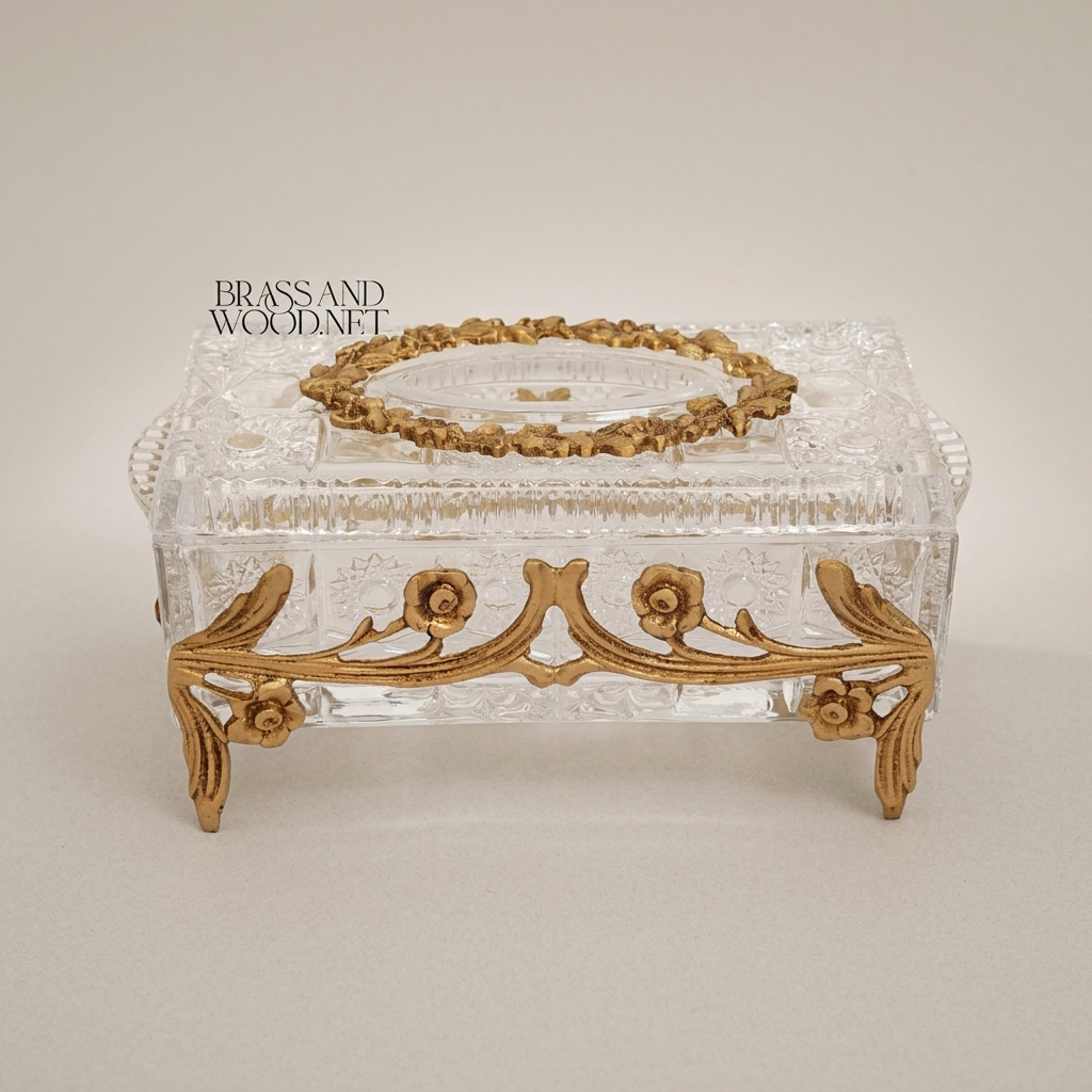 Rococo Floral Relief Crystal Tissue Box with Scrollwork Metal Frame — Antique Gold