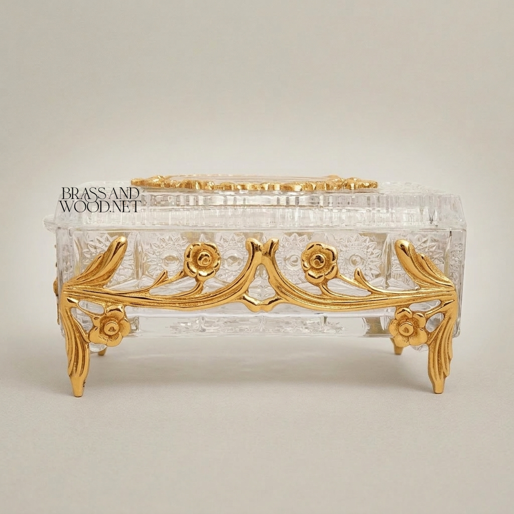 Rococo Floral Relief Crystal Tissue Box with Scrollwork Metal Frame — Gold
