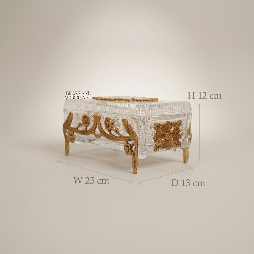 Rococo Floral Relief Crystal Tissue Box with Scrollwork Metal Frame — Antique Gold