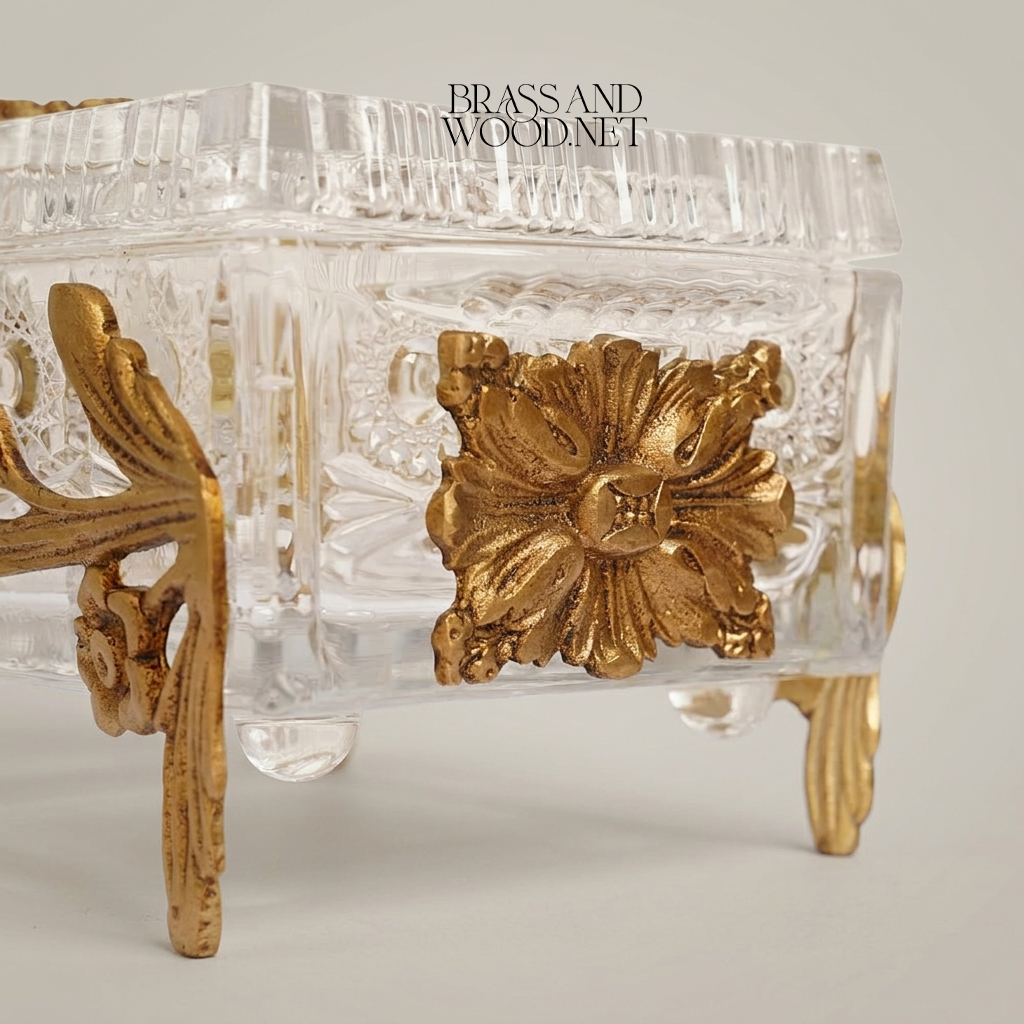 Rococo Floral Relief Crystal Tissue Box with Scrollwork Metal Frame — Antique Gold