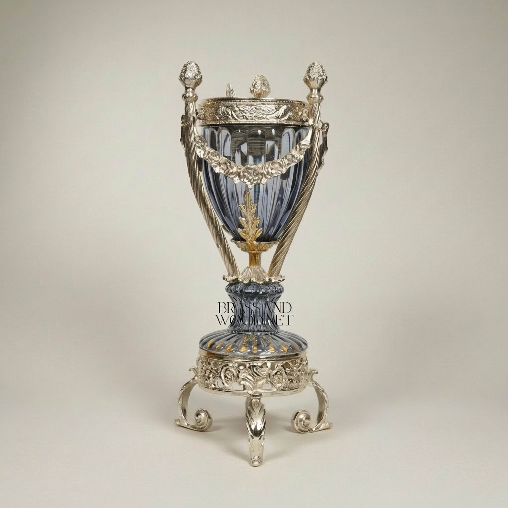 Neoclassical Urn Incense Burner — Fluted Crystal & Gilt Brass with Garland Mounts — Silver