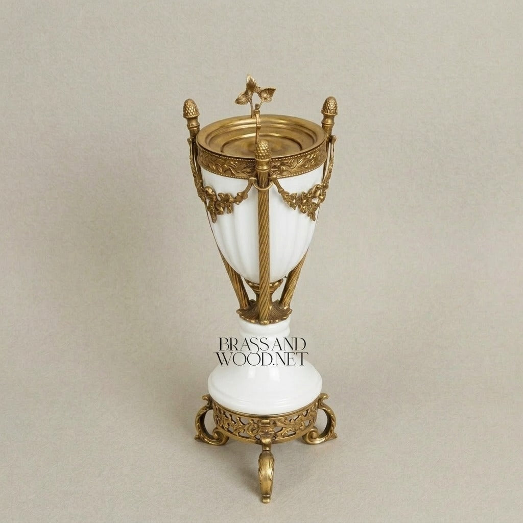 Neoclassical Ceramic & Brass Urn Incense Burner — Garland & Tripod — Antique Gold