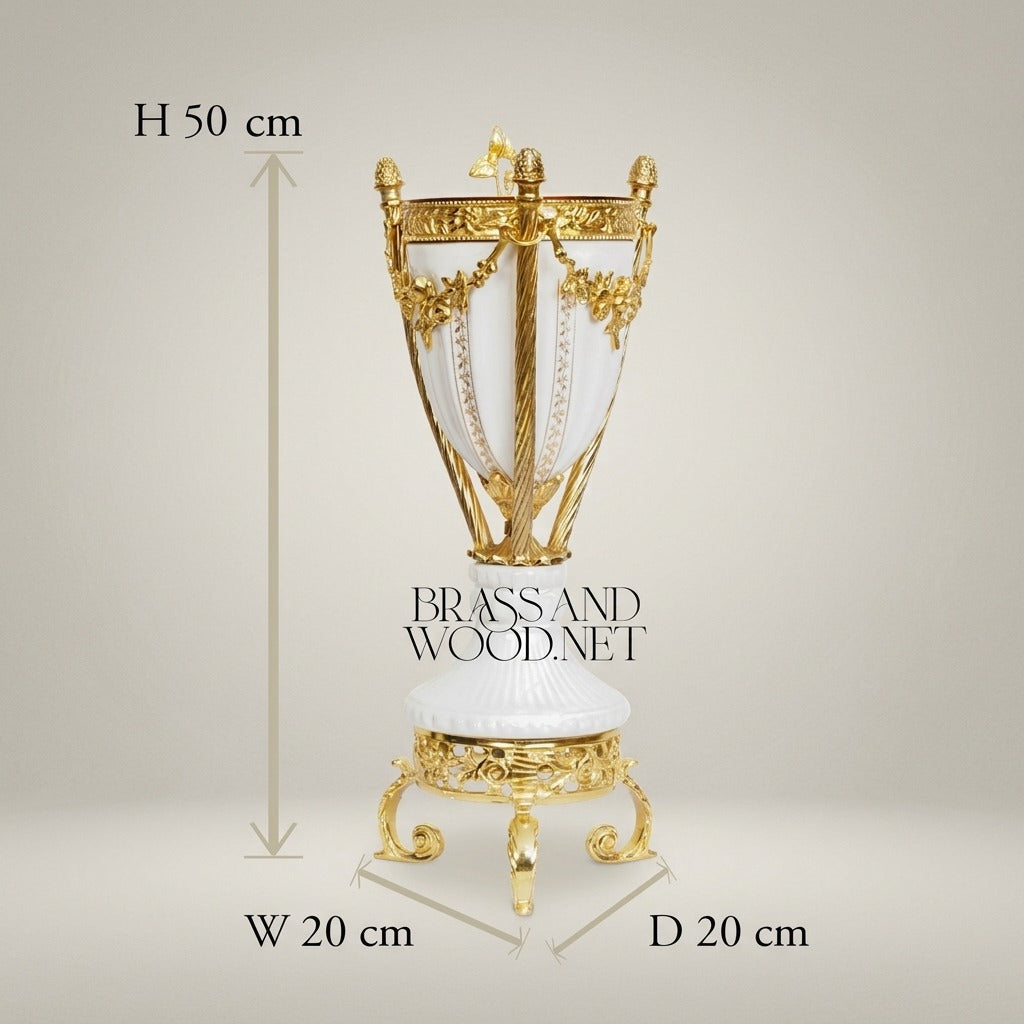 Neoclassical Ceramic & Brass Urn Incense Burner — Garland & Tripod — Gold