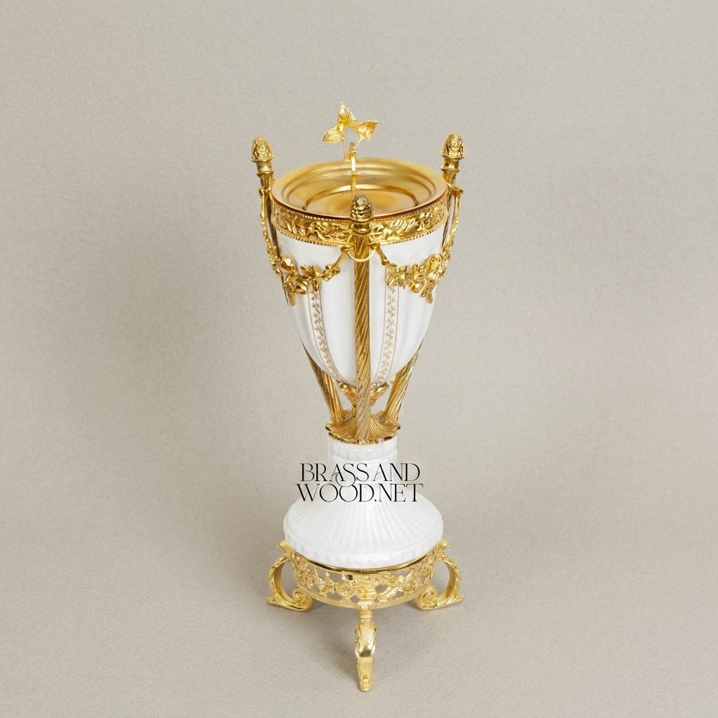 Neoclassical Ceramic & Brass Urn Incense Burner — Garland & Tripod — Gold