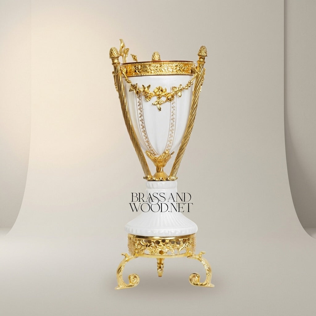 Neoclassical Ceramic & Brass Urn Incense Burner — Garland & Tripod — Gold