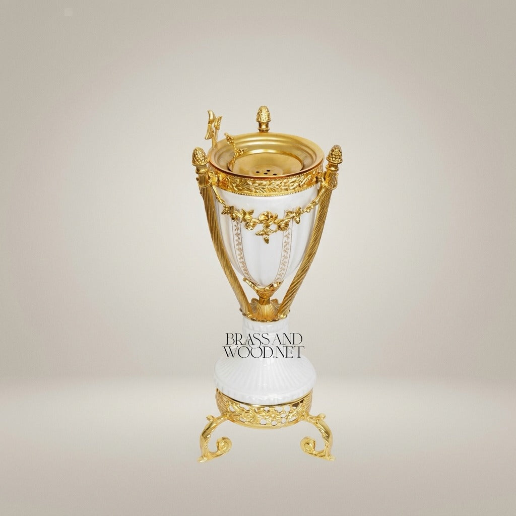 Neoclassical Ceramic & Brass Urn Incense Burner — Garland & Tripod — Gold