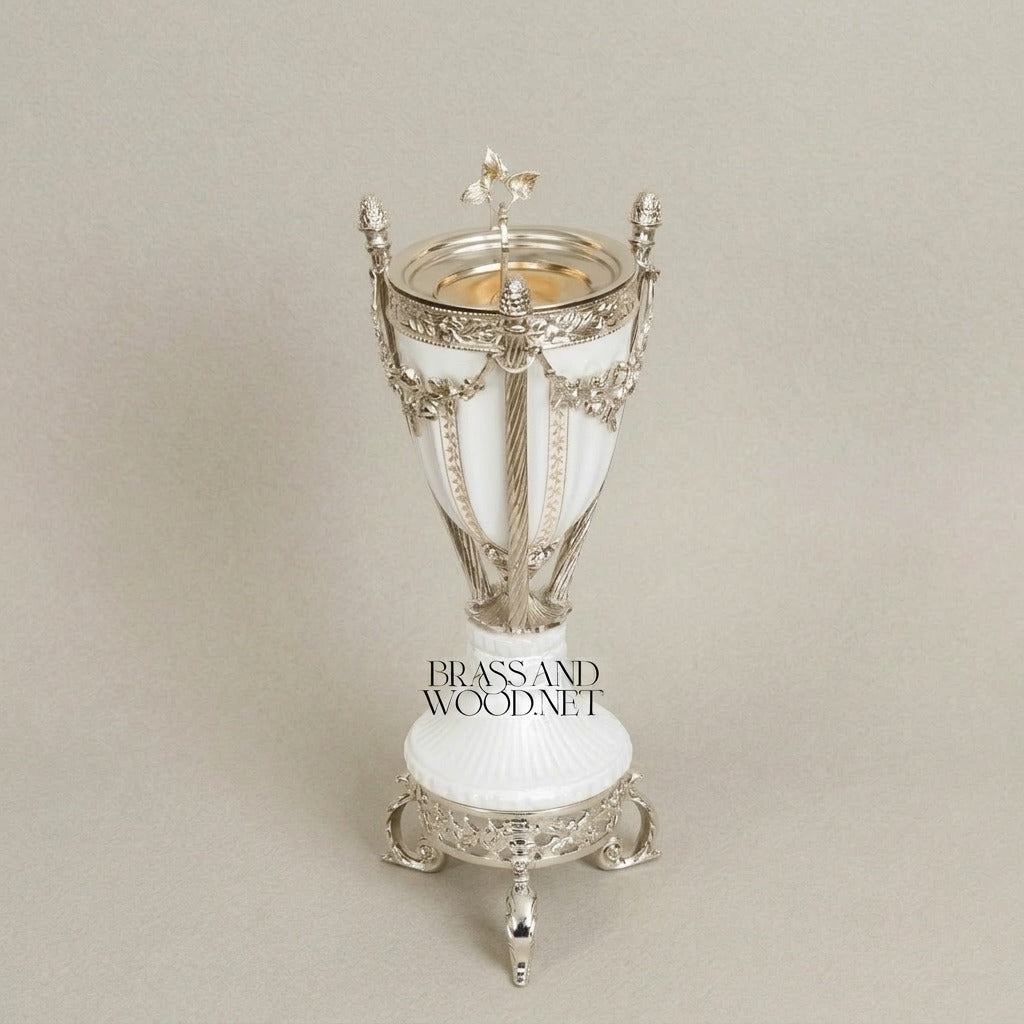 Neoclassical Ceramic & Brass Urn Incense Burner — Garland & Tripod — Silver