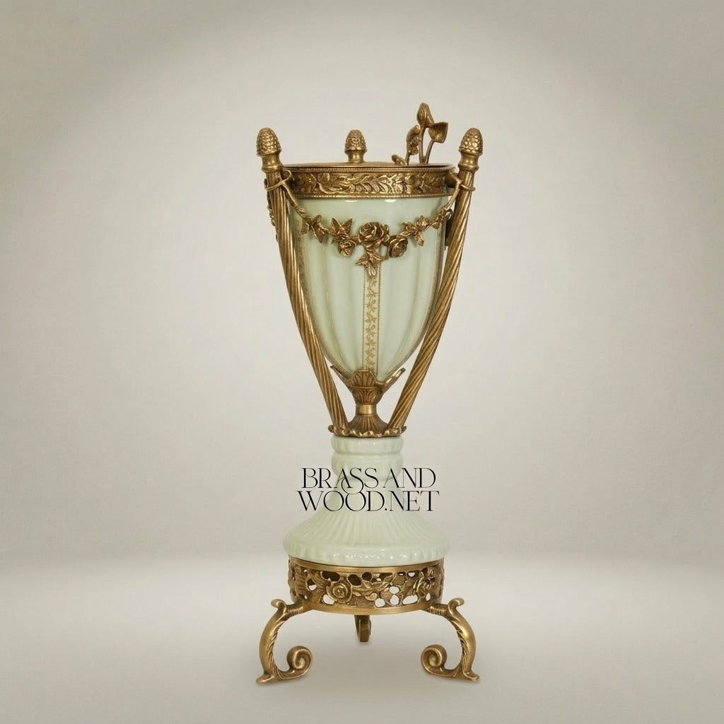 Neoclassical Celadon Ceramic Urn with Gilt Ormolu Mounts & Tripod Stand — Antique Gold