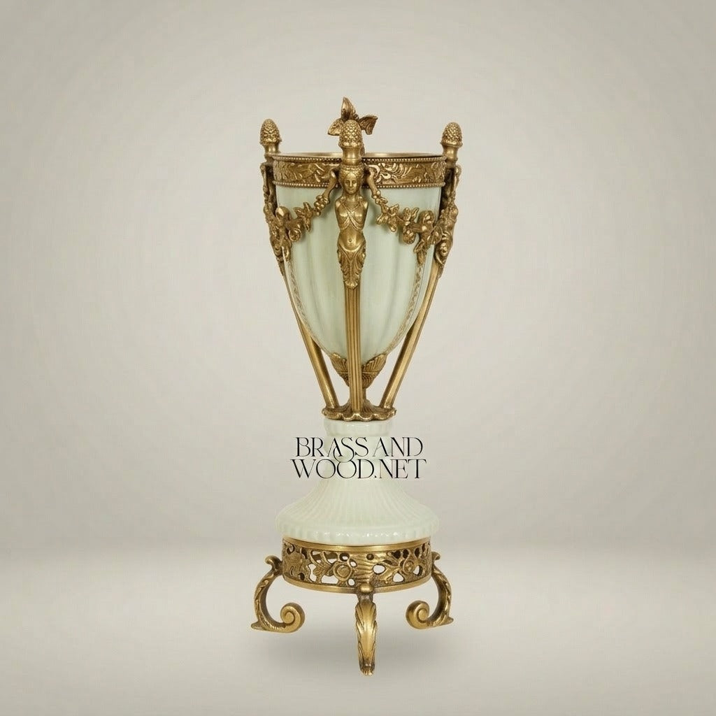 Neoclassical Celadon Ceramic Urn with Gilt Ormolu Mounts & Tripod Stand — Antique Gold