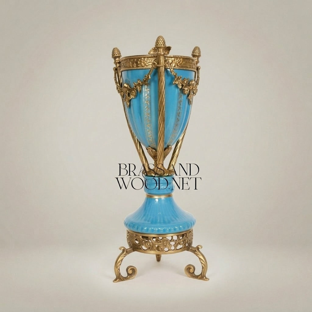 Neoclassical Turquoise Ceramic Incense Burner with Gilt Brass Urn & Tripod Stand — Antique Gold