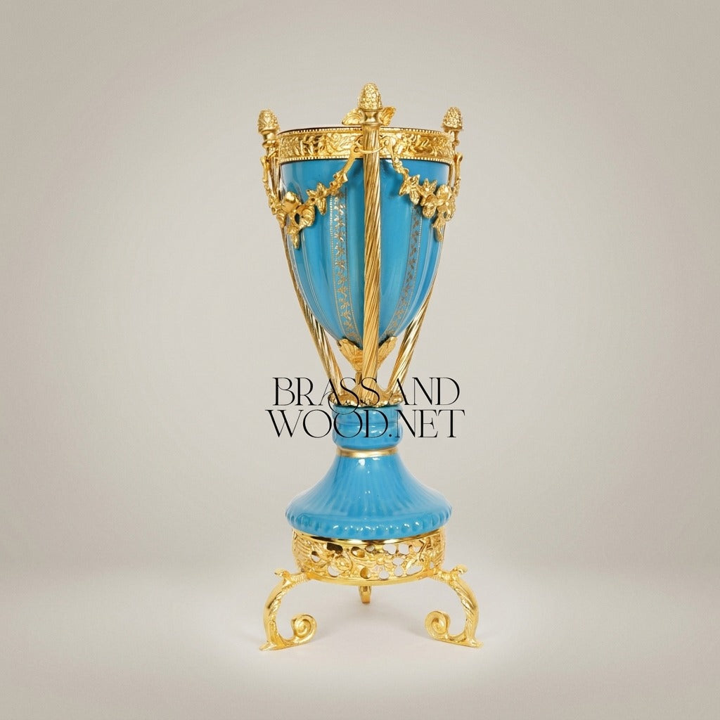 Neoclassical Turquoise Ceramic Incense Burner with Gilt Brass Urn & Tripod Stand — Gold