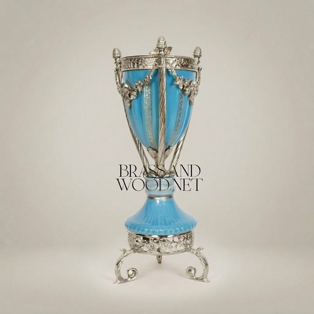 Neoclassical Turquoise Ceramic Incense Burner with Gilt Brass Urn & Tripod Stand — Silver