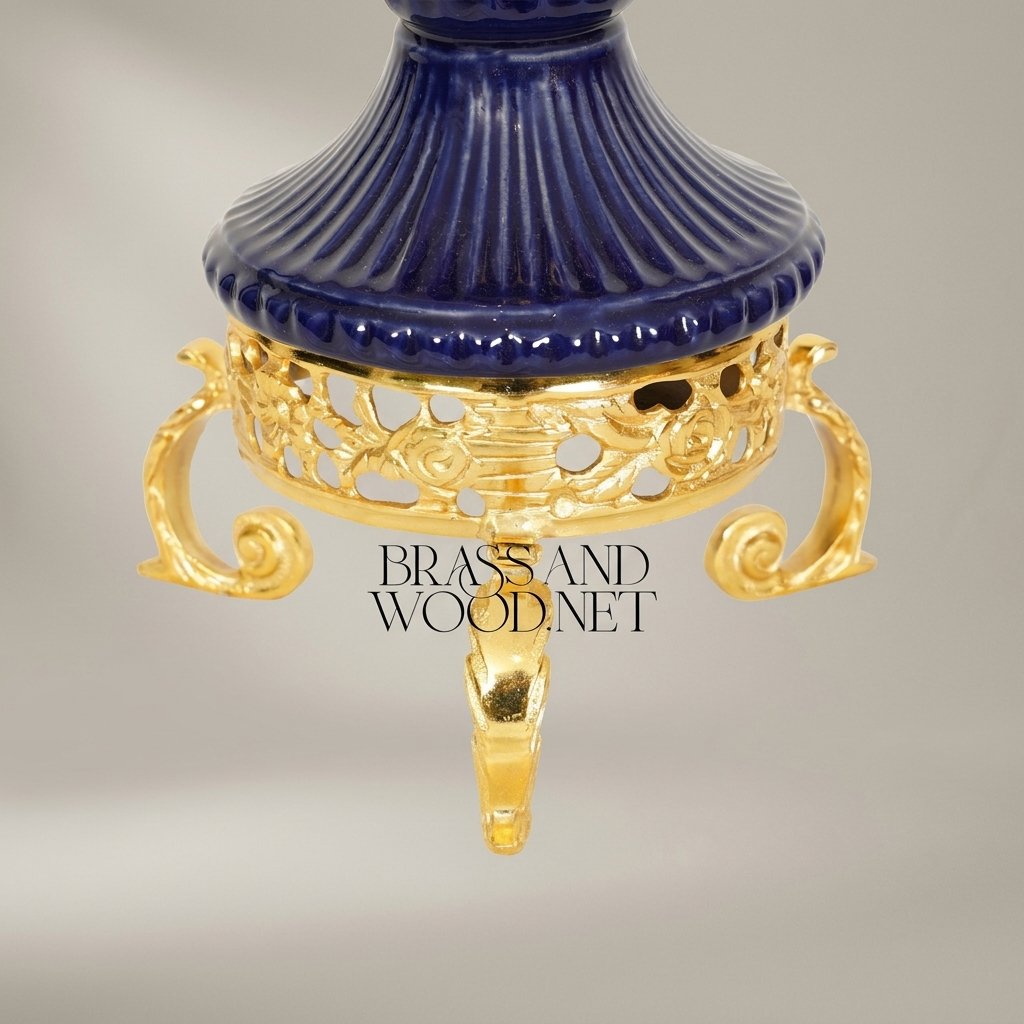 Neoclassical Navy Blue Ceramic Urn Incense Burner - Gilt Brass Swag & Tripod Stand — Gold
