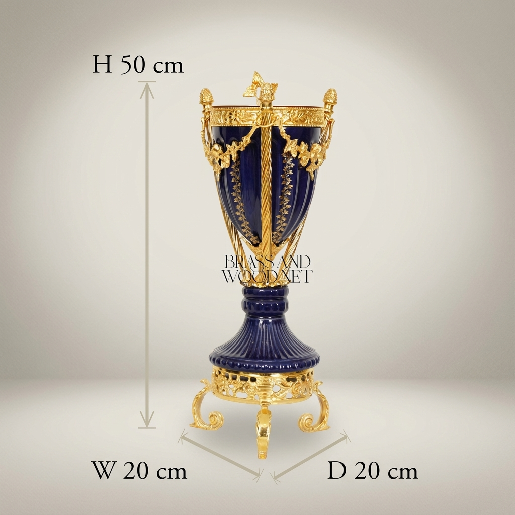 Neoclassical Navy Blue Ceramic Urn Incense Burner - Gilt Brass Swag & Tripod Stand — Gold