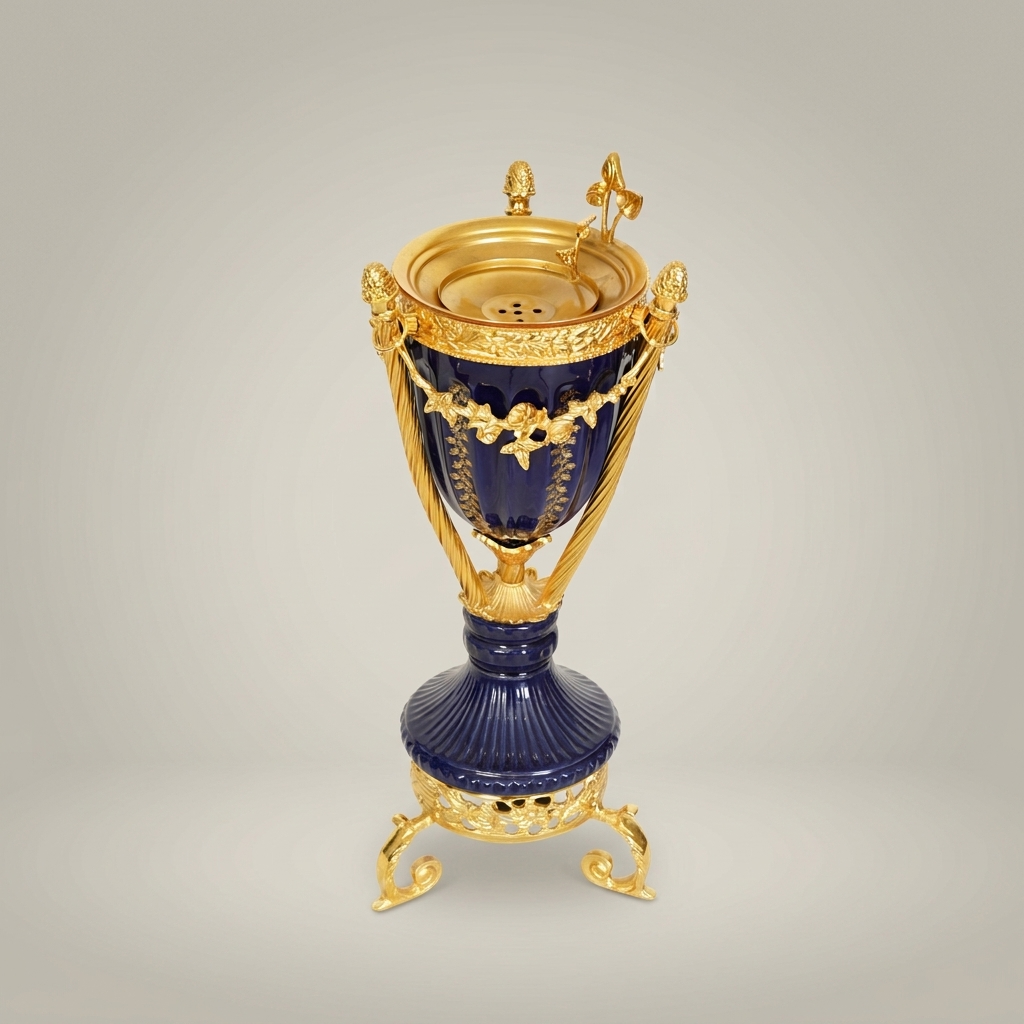 Neoclassical Navy Blue Ceramic Urn Incense Burner - Gilt Brass Swag & Tripod Stand — Gold