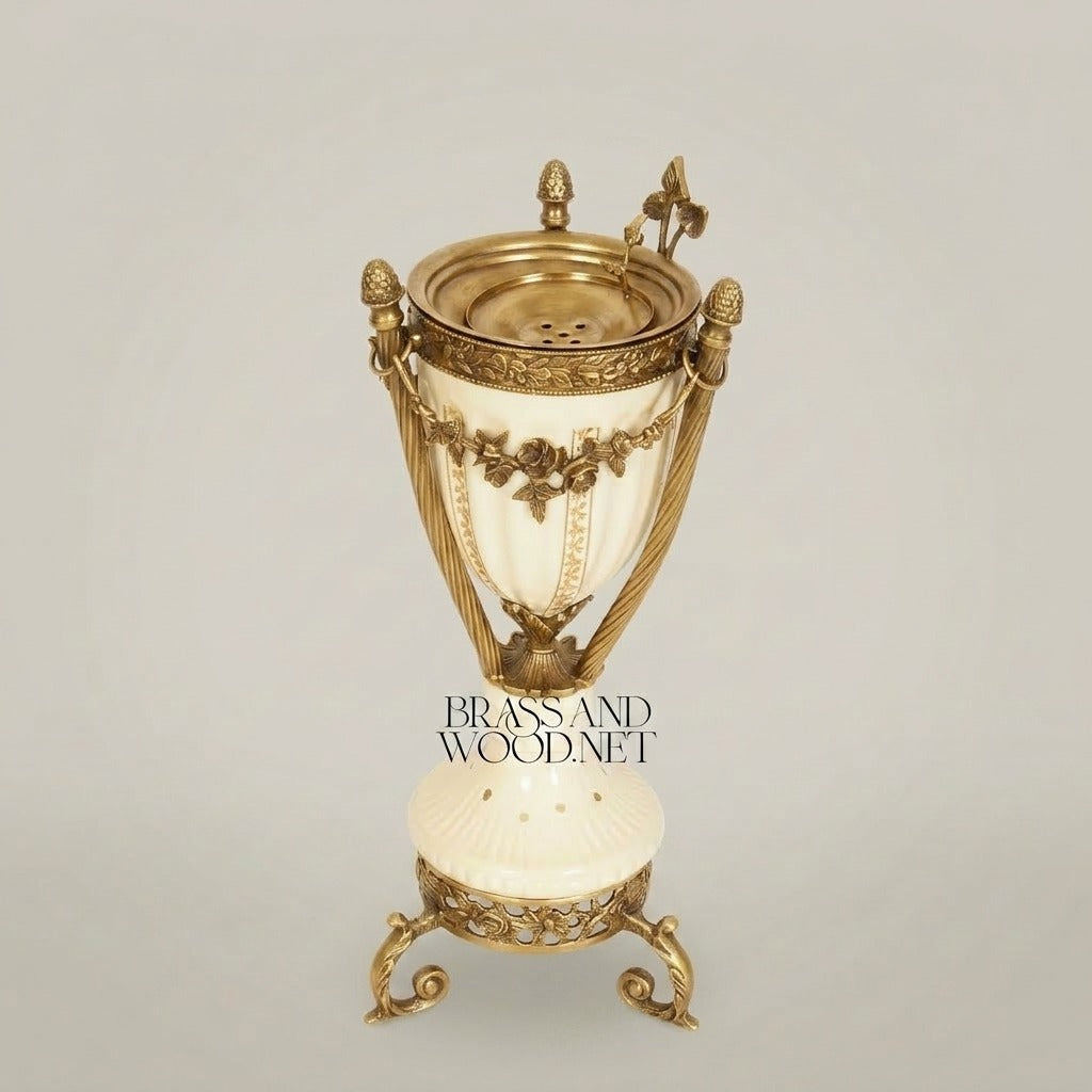 Louis XVI Neoclassical Ivory Ceramic & Brass Incense Burner with Swagged Garland Mounts — Antique Gold