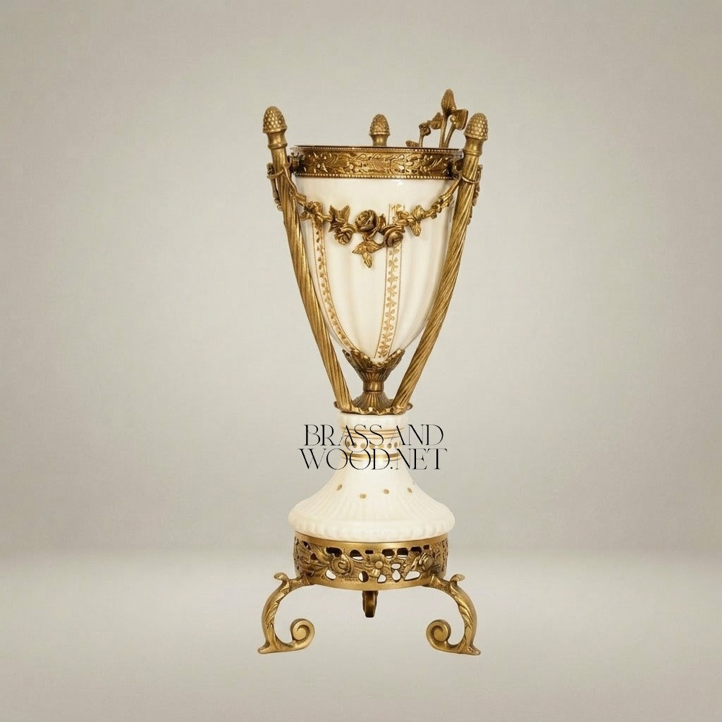 Louis XVI Neoclassical Ivory Ceramic & Brass Incense Burner with Swagged Garland Mounts — Antique Gold