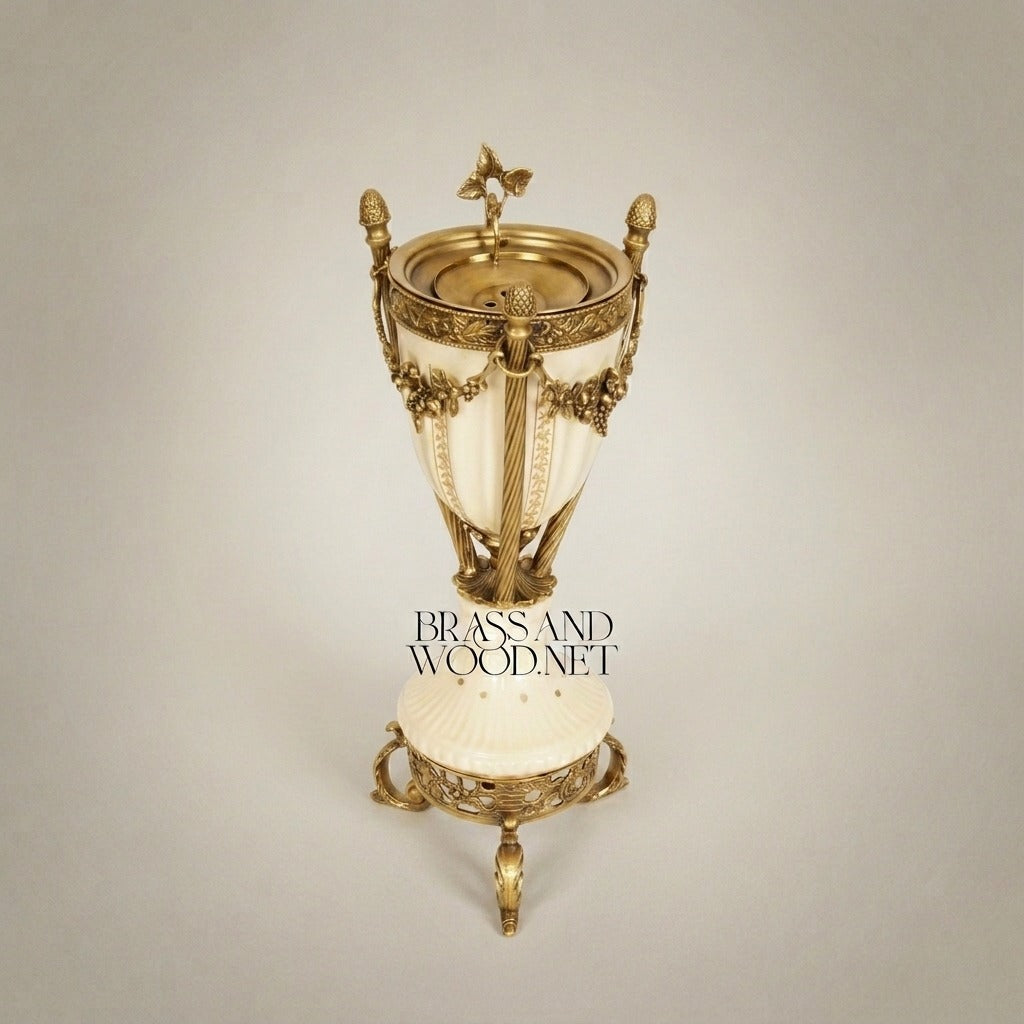 Louis XVI Neoclassical Ivory Ceramic & Brass Incense Burner with Swagged Garland Mounts — Antique Gold