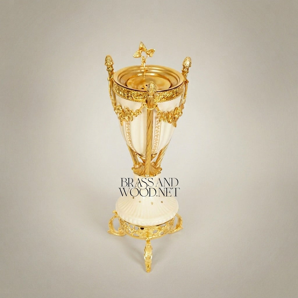 Louis XVI Neoclassical Ivory Ceramic & Brass Incense Burner with Swagged Garland Mounts — Gold