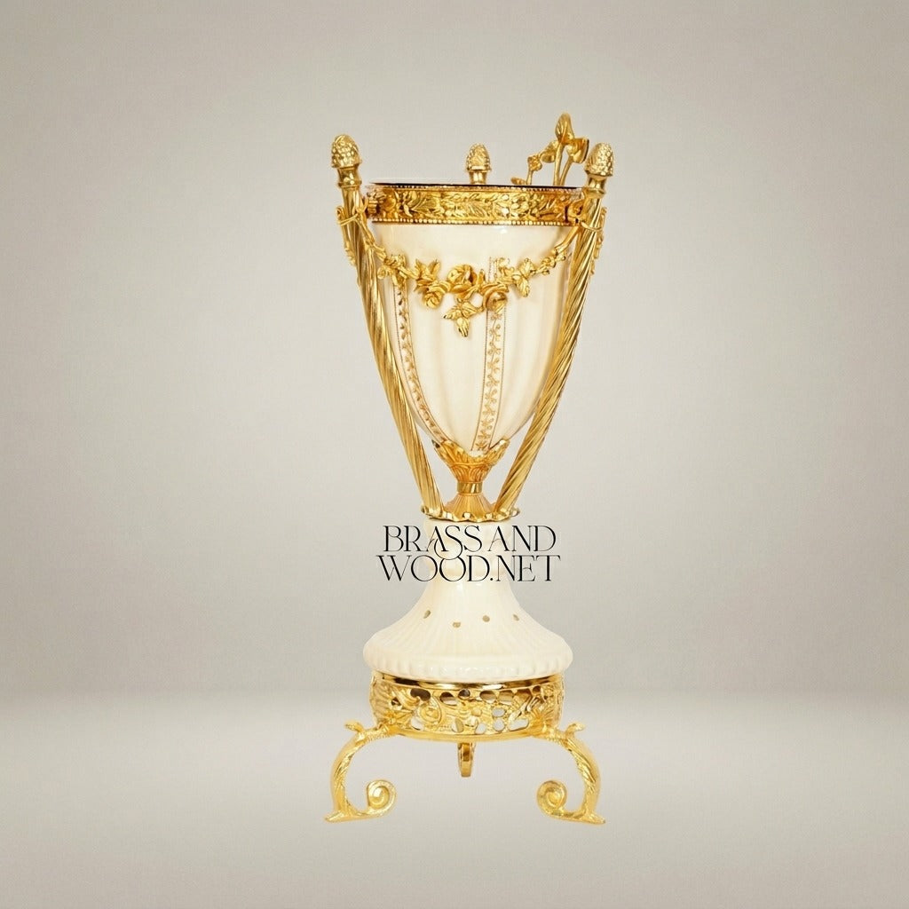 Louis XVI Neoclassical Ivory Ceramic & Brass Incense Burner with Swagged Garland Mounts — Gold