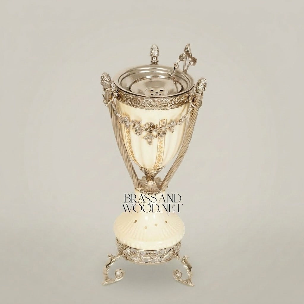 Louis XVI Neoclassical Ivory Ceramic & Brass Incense Burner with Swagged Garland Mounts — Silver
