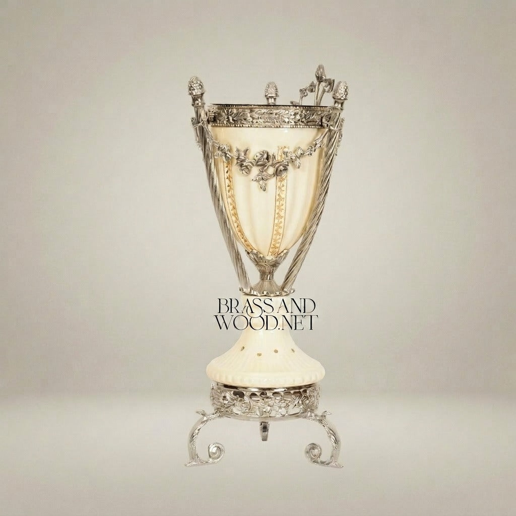 Louis XVI Neoclassical Ivory Ceramic & Brass Incense Burner with Swagged Garland Mounts — Silver