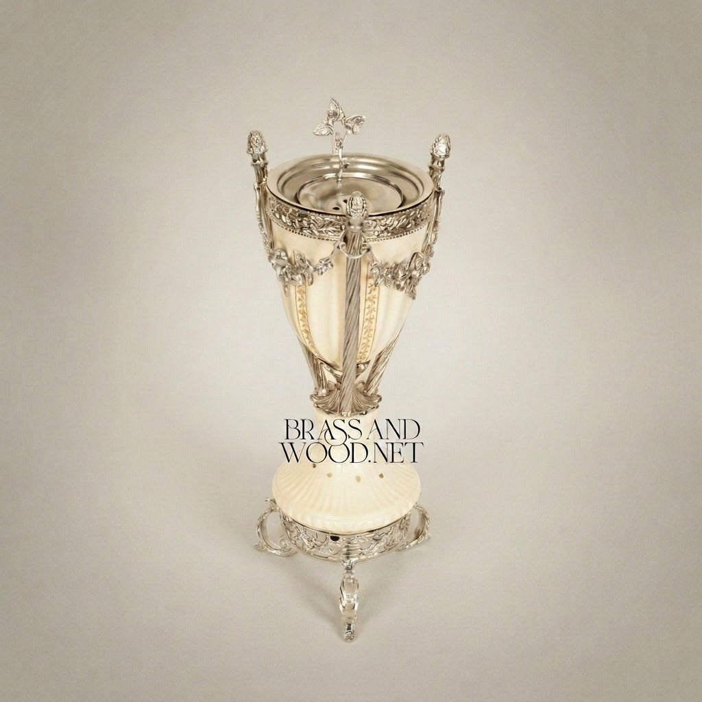 Louis XVI Neoclassical Ivory Ceramic & Brass Incense Burner with Swagged Garland Mounts — Silver