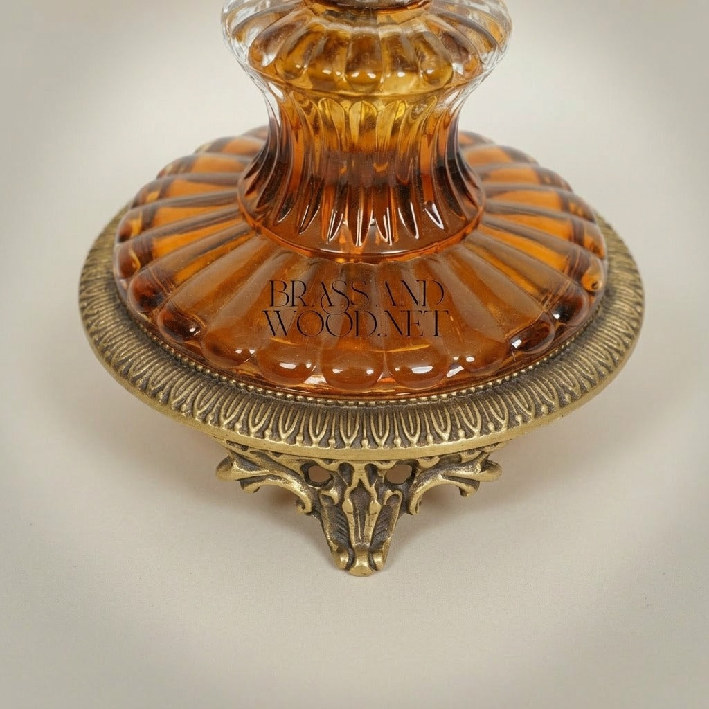 Neoclassical Amber Crystal Incense Burner with Acanthus Brass Mounts on Ornate Pedestal — Antique Gold
