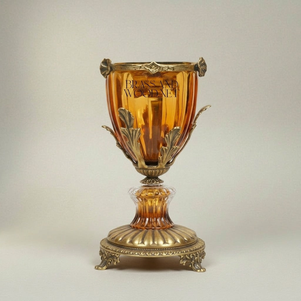 Neoclassical Amber Crystal Incense Burner with Acanthus Brass Mounts on Ornate Pedestal — Antique Gold